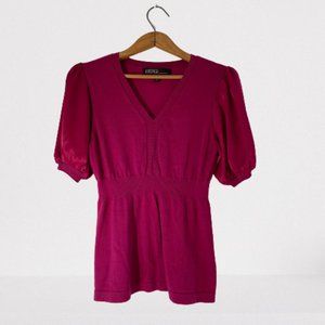 Fuschia V-neck Sweater with Puffed Short Sleeves